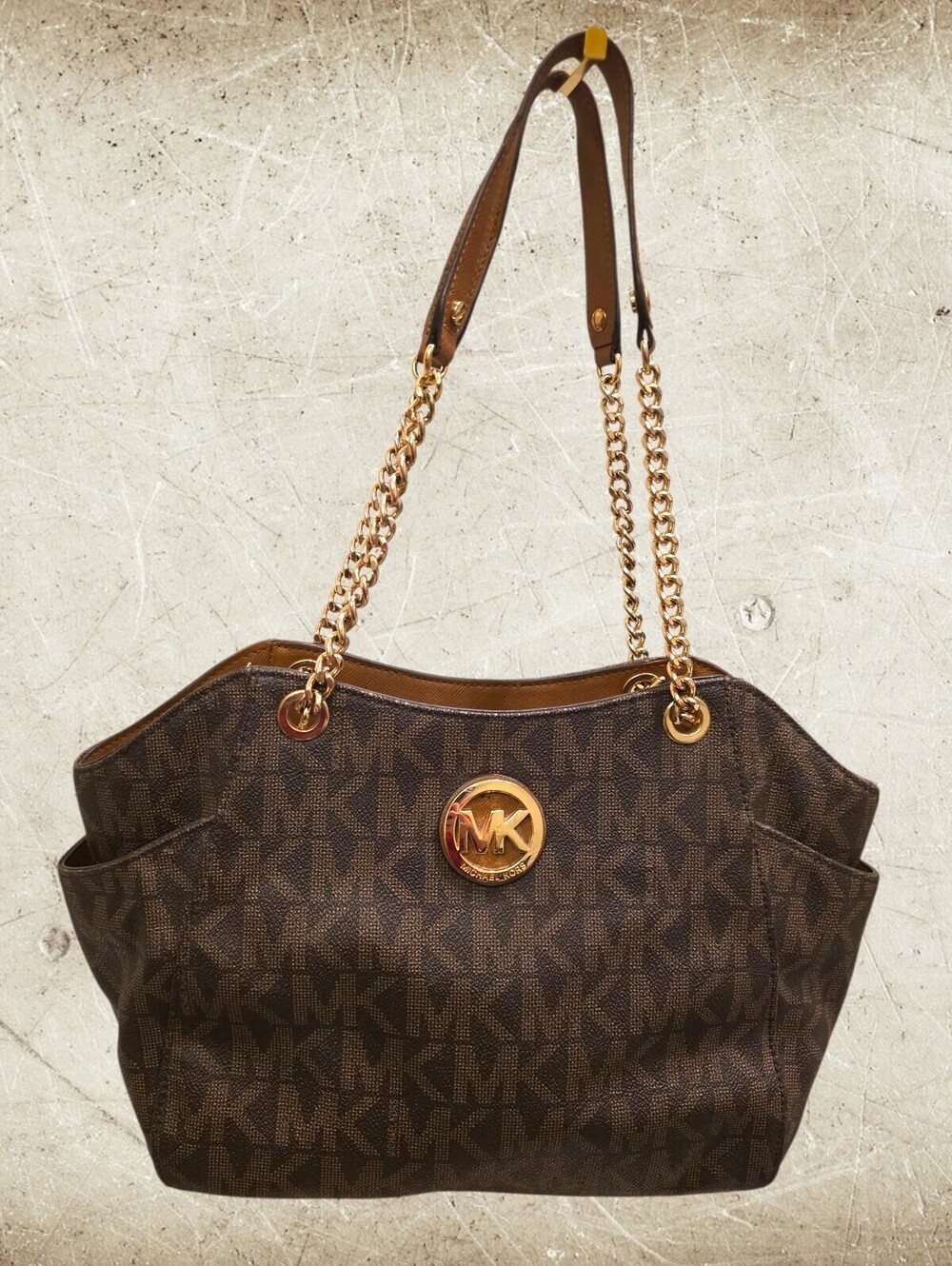 Michael Kors Jet Set Signature MK Logo Brown Chain Shoulder Tote Bag 35F3GTVT3B